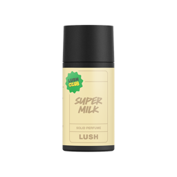 Super Milk. A short, cylindrical black push-up tube of the "Super Milk" solid perfume with a pale yellow label on the front, with the product name and scent printed on it. 