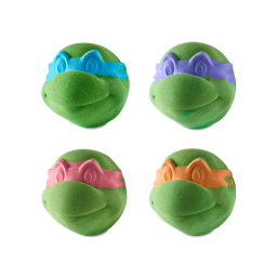 Four Brothers. The image shows the four separate bath bomb depicting the four Teenage Mutant Ninja Turtle brothers. They are each shaped like the classic turtle head with different coloured eye bandannas correlating to each brother. 