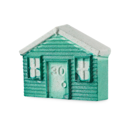 A Mo-Ment For Life. A fun bath bomb shaped like the front of a wood-panelled shed. The product is a shimmering green colour with a white roof, door and windows. The number "30" is embossed on the door. 