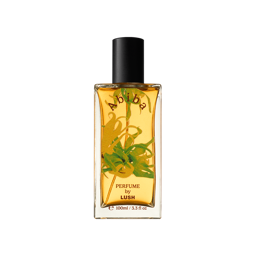 Abiba. A rectangular, glass perfume bottle with a black cap is filled with translucent, almost-yellow liquid. The name "Abiba" is arched on the front of the bottle along with flower decals.
