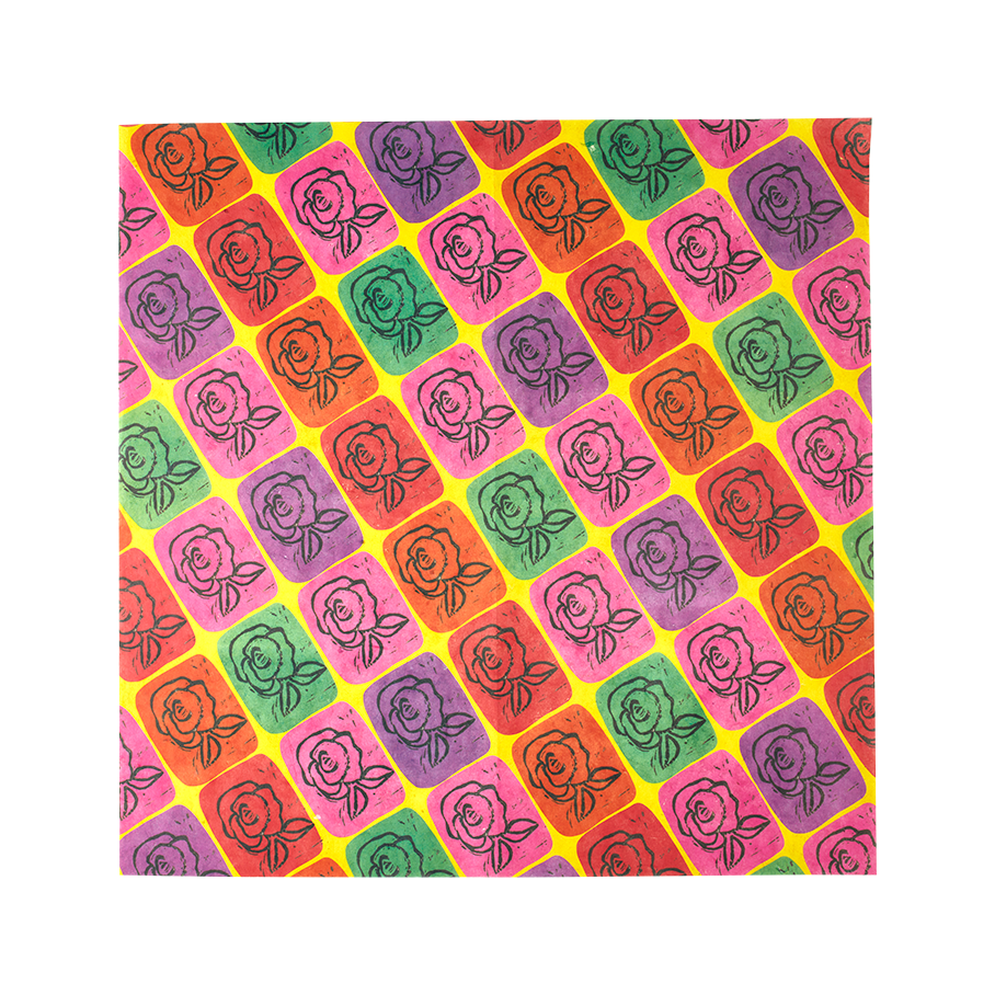 Abstract Roses. A diagonal, rigid grid of colourful squares on a yellow base each filled with a simple black rose print. 