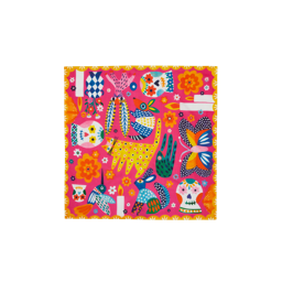 Alebrijes. A bold, square, fabric knot wrap. There is a bumpy yellow border, pink background and decorated with depictions of bright, coloured creatures and sugar skulls. 