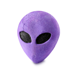 Alien. A vibrant purple bubble bar shaped like an alien's head with a thin, pointed chin and large forehead. It features large, sunken black eyes
