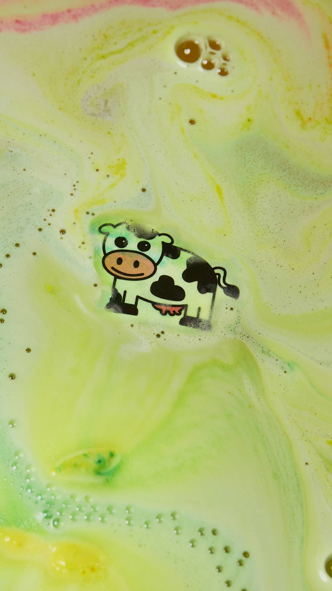 The bath bomb has fully dissolved revealing a fun, friendly, rice paper cow hidden inside. 
