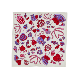 All The Love at The Fair. A square, fabric knot wrap. It is white with pink, red and purple fair-themed illustrations including hot air balloons, popcorn, lollipops, ice cream, teddy bears and more. 