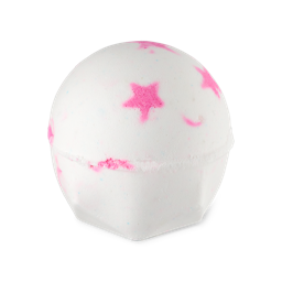 Inclusion. A classic LUSH bath bomb shame in delicate white with bright pink star shapes and flecks of colour across the whole surface. 