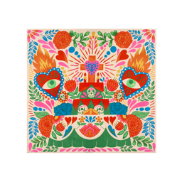Amor Eterno Knot Wrap. The image shows a square, multicoloured fabric wrap with a symmetrical, folk-art Día De Muertos design. It features a central cross, two large flaming hearts with eyes, sugar skulls, and vibrant flowers and leaves.