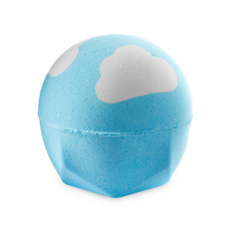 Atom Heart Mother. A spherical bath bomb with a flattened, geometric base. It is a light, sky-blue colour with white, rounded clouds on top. 