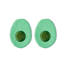 Avo Rest. A pair of pale green, oval-shaped jelly eye pads. In the middle of each eye pad is a glittering, forest-green circular-shaped jelly centre stone.