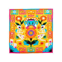 Bailale Calaverita. A vibrant yellow Día De Muertos-themed fabric knot-wrap featuring colourful Mexican folklore illustrations, including skeletons, a central marigold flower, a decorated vase, and a decorative papel picado border