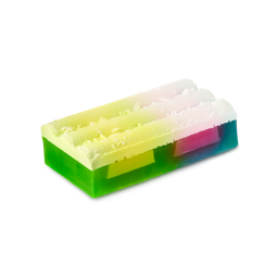 Baked Alaska. A rectangular bar of soap featuring a translucent green and blue base embedded with colourful yellow and pink blocks, topped with a textured pale yellow and white layer