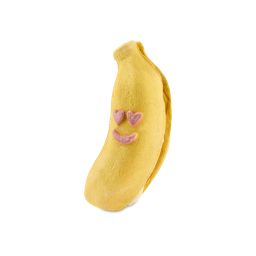Bananas For You. A yellow, banana-shaped bubbleroon bubble bar. The product features a simple smiley face with heart eyes and a curved smile. 