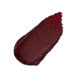 Banger. A neatly smeared swatch of shimmery, deep maroon-red lipstick. The swatch is thick and textured with an almost metallic sheen.