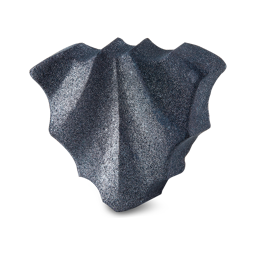 Bat Art. A fun, Halloween-themed bath bomb in a dark purple, almost black, colour shaped like a simple bat. There is a thick coating of shimmering lustre across the product. 
