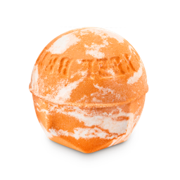 Bather's Digest. A spherical bath bomb with a geometric base featuring a marbled orange-and-white pattern. The words "Bathe to feel better" are embossed around the edge.