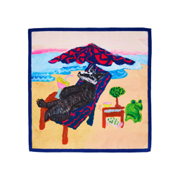 Beach Badger. A square, fabric knot wrap featuring a badger relaxing on a sun lounger under a patterned umbrella at the beach. The playful scene includes a cocktail, a green frog, and a small turtle, all set against a sandy shore and blue ocean.