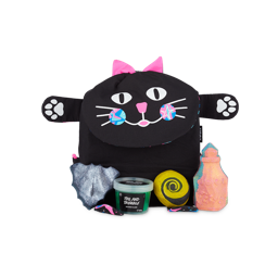 Bewitched. A gift including a string pull bag in the shape of a black cat, complete with paws and ears. There are 4 LUSH Halloween products in front of the bag including two bath bombs, a bubble bar and a pot of shower slime. 