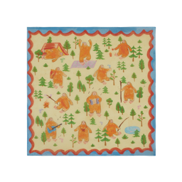 Big Foot Goes Camping. A square knot wrap with a blue and red border depicting 11 different Bigfoot scenes from yoga to fishing.