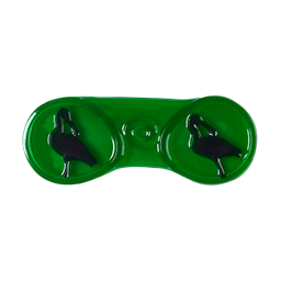 Binoculars. A one-piece, jelly-consistency, green eye mask shaped like binocular viewfinders, with the dark silhouette of a bird in each eyepiece. 