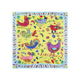 Birds. A square, fabric, knot wrap. The border is pale blue, with a heart in each order and a string of red and yellow shapes. The centre is a pastel yellow with hand-drawn illustrations of colourful chickens and shapes. 