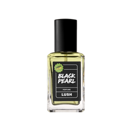 A clear glass square bottle of Black Pearl Perfume with a black spray top, centered on a light grey background. The label is black with white, handwritten-style text and a small green "LUSH CLUB" sticker in the top left corner.