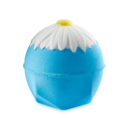 Blooming Beautiful Chamomile. A vibrant, blue bath bomb with a single, large, embossed white chamomile flower with a yellow centre on top. 