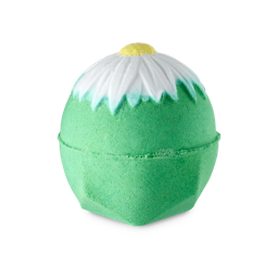 Blooming Beautiful Grass. A vibrant, forest-green bath bomb with a single, large, embossed white flower with a yellow centre on top. 