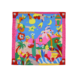 Blooming Good Deeds. A square, fabric, knot wrap. There is a bright, pink, spotted border with palm tree illustrations in each corner. The centre shows a vibrantly, colourful illustrated, abstract scene of palm trees, flowers and lanterns.
