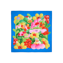 Blooming Lovely. A square fabric Knot Wrap featuring 3D-style cartoon illustrations. It shows a cheerful garden scene with flowers, a strawberry, a bee, a snail, and a chick, all rendered in bright, saturated colours on a bold blue background.