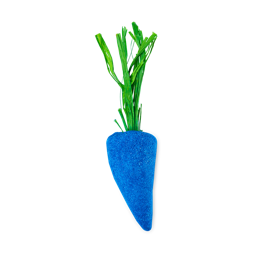 Baby Rainbow Carrot. A bubble bar shaped like a perfect blue carrot complete with green raffia leaves on top. 