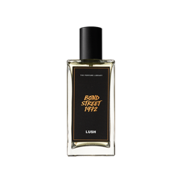 Bond Street 1972. A rectangular, glass perfume bottle with a black cap is filled with translucent, off-clear liquid. A black label reads 'Bond Street 1972'.