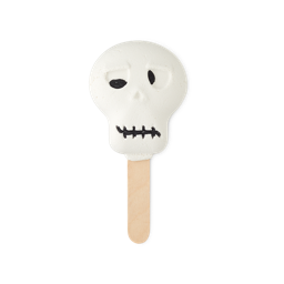 Bonehead. A whimsical bubble bar in the shape of a white skull. There are black details on the eyes and mouth and is mounted on the end of a wooden stick. 