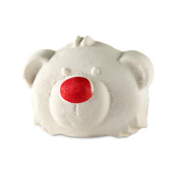 Bubble Bear. A LUSH bubble bar in the shape of a classic, white polar bear face with a contrasting, bright red nose. 