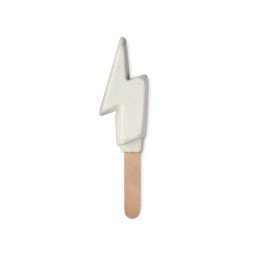 Bubble, Bubble Toil and Trouble. A playful, reusable bubble bar comprised of a wooden handle topped with a large cream lightning bolt-shaped bubble bar.