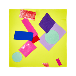 Building Together Knot Wrap. A square knot wrap with a bright yellow background scattered with colourful blocks and circles.