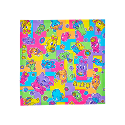 Bunnies Picnic. A square, fabric Knot Wrap featuring a colourful, cartoon-style pattern of cheerful rabbits and chicks. The characters are illustrated in bright shades of pink, blue, yellow, and purple against a multi-coloured, geometric background.