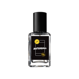 Butterball. A square glass perfume bottle, topped with a black cap and filled with crystal-clear liquid. A black label reads 'Butterball' with a LUSH X Community stamp design.