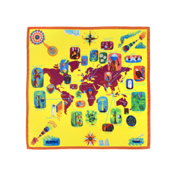 Buying Map Knot Wrap, a yellow and red world map, with illustrations of ingredients pointing to countries where they're sourced.