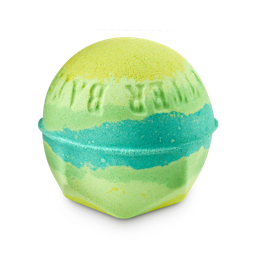 Byegraine. A spherical bath bomb with a geometric base with yellow, lime-green, and teal-blue layers. The words "Bathe to feel better" are embossed around the edge.