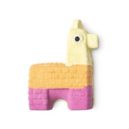 Calm A Llama Party Piñata. A fun, colourful bath bomb shaped like a Llama Party Piñata. Complete with a googly style eye and layered colours of yellow, orange and pink. 