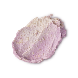 Calm Down. A thick, textured dollop of lilac-coloured scalp treatment. The creamy product has a grainy, lumpy consistency with visible beige exfoliating particles throughout.
