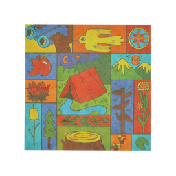 Camping Life. A square sheet of gift wrapping Lokta paper. The design consists of different sizes of squares and rectangles containing different illustrations including a tent, campfire, mountains, bird, binoculars, compass and more. 
