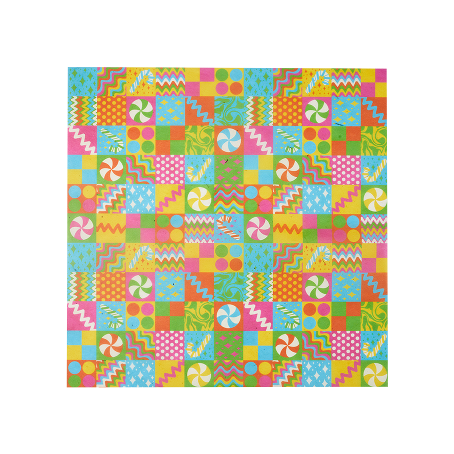 Candy Box. A square Lokta wrap designed with colourful, small squares of dots, swirls and candy pieces.