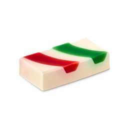 Candy Cane. A rectangular bar of cream-coloured soap. The smooth top surface features two inlaid, translucent wavy stripes—one a vibrant ruby red and the other a deep emerald green.