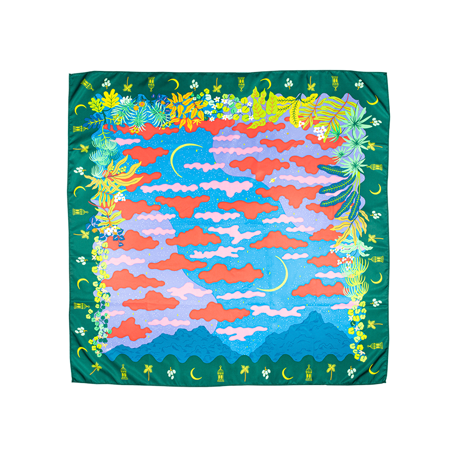 Candy Sky. A Square knot wrap with a green, botanical border and a central scene depicting an abstract sky with red and pink fluffy clouds, crescent moons and mountains. 