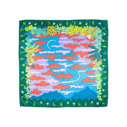 Candy Sky. A Square knot wrap with a green, botanical border and a central scene depicting an abstract sky with red and pink fluffy clouds, crescent moons and mountains. 
