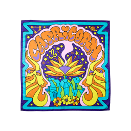 Capricorn. A vibrant, square, fabric knot wrap. It is designed with a purple and blue border. The word "Capricorn" is arched in orange across the centre in bubble letters with a retro, groovy, mountain scene with a goat face profile on either side. 