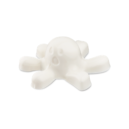 Carefree Spirit. A smooth, glossy white shower jelly shaped like a cartoon ghost. It has a rounded central body with a moulded, surprised face featuring an open mouth and oval eyes, surrounded by six short, stubby legs.