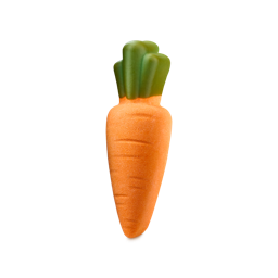 Carrot. A whimsical, carrot-shaped bath bomb. The product is bright orange with subtle horizontal ridges, topped with a smooth, dark green leafy stem.