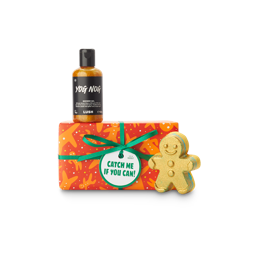 Catch Me If You Can. A festive, wrapped gift box with Yog Nog shower gel and Catch Me If You Can bath bomb sat around. 